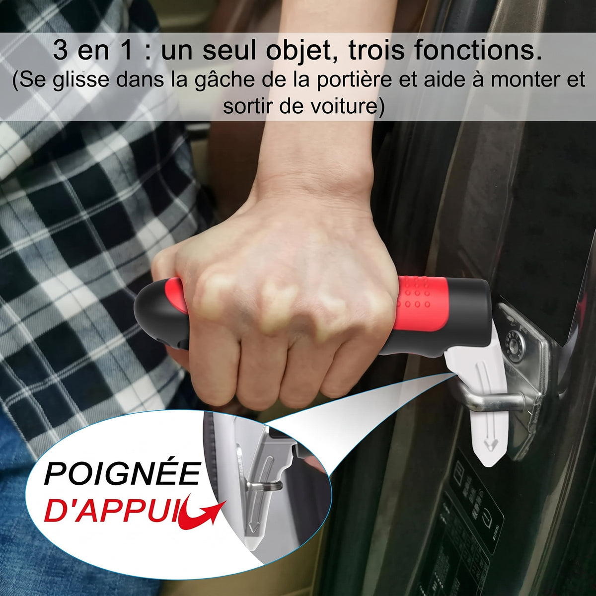Poignée d’appui voiture 3-en-1, brise-vitre et coupe-ceinture