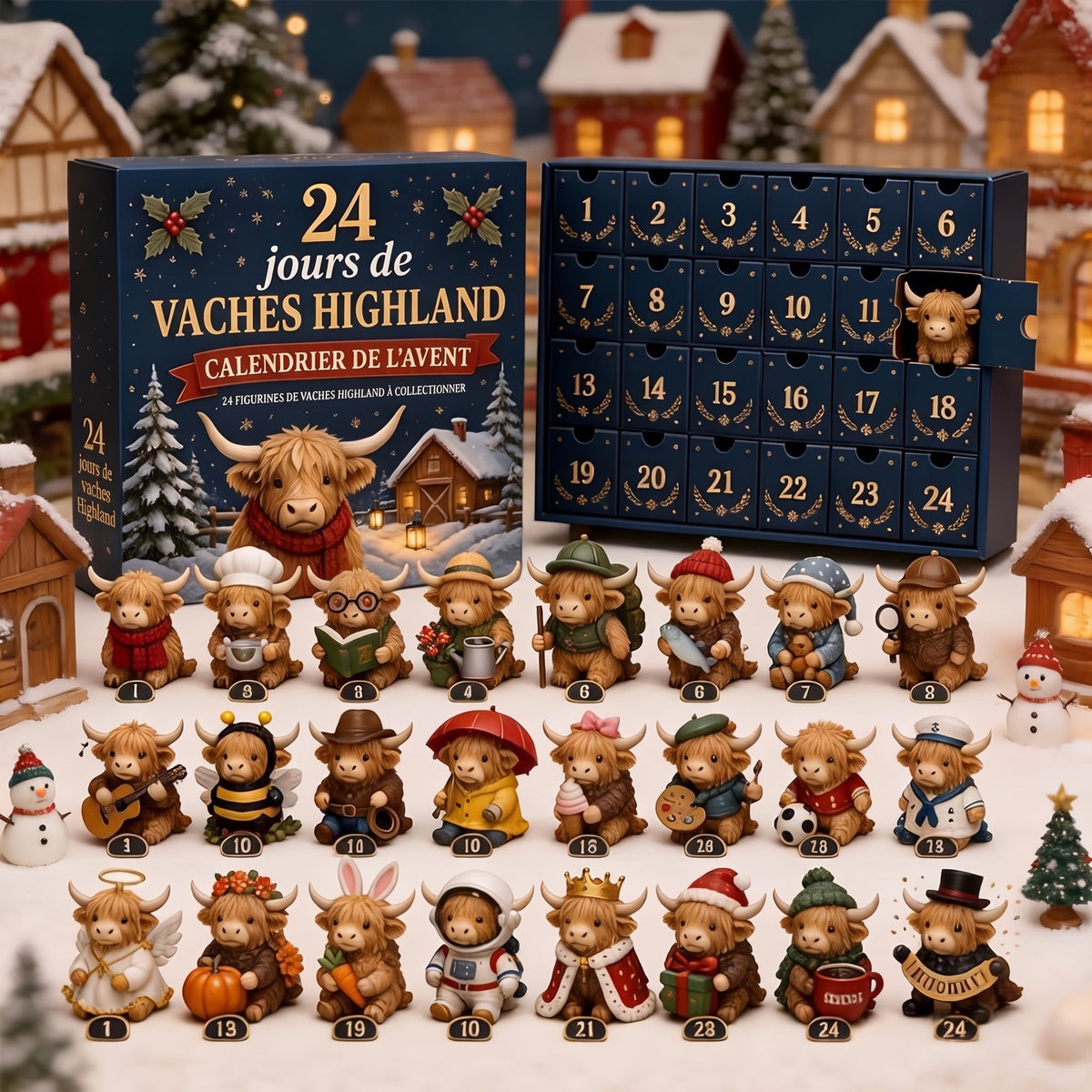 Calendrier de l'Avent vaches Highland, 24 figurines à collectionner