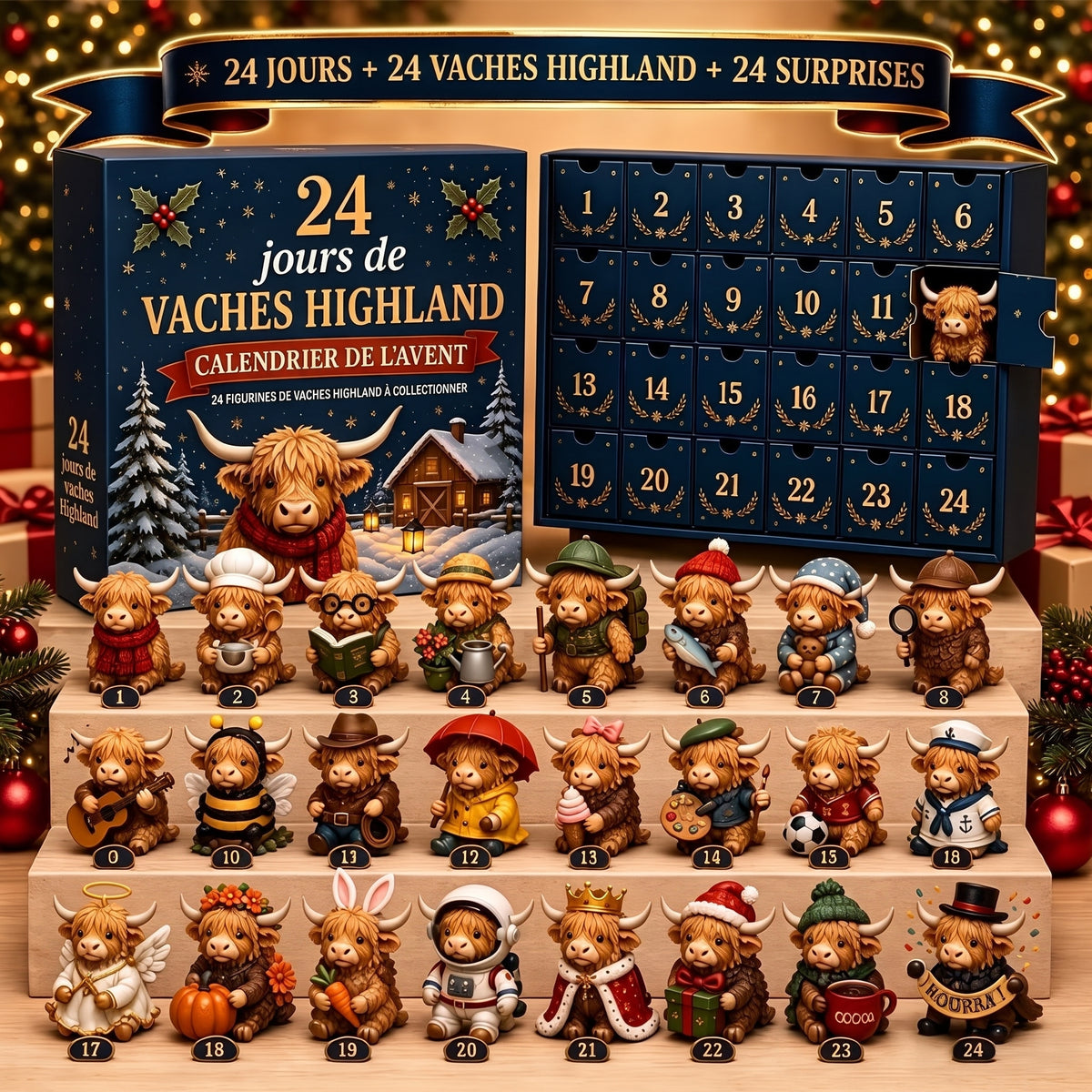 Calendrier de l'Avent vaches Highland, 24 figurines à collectionner