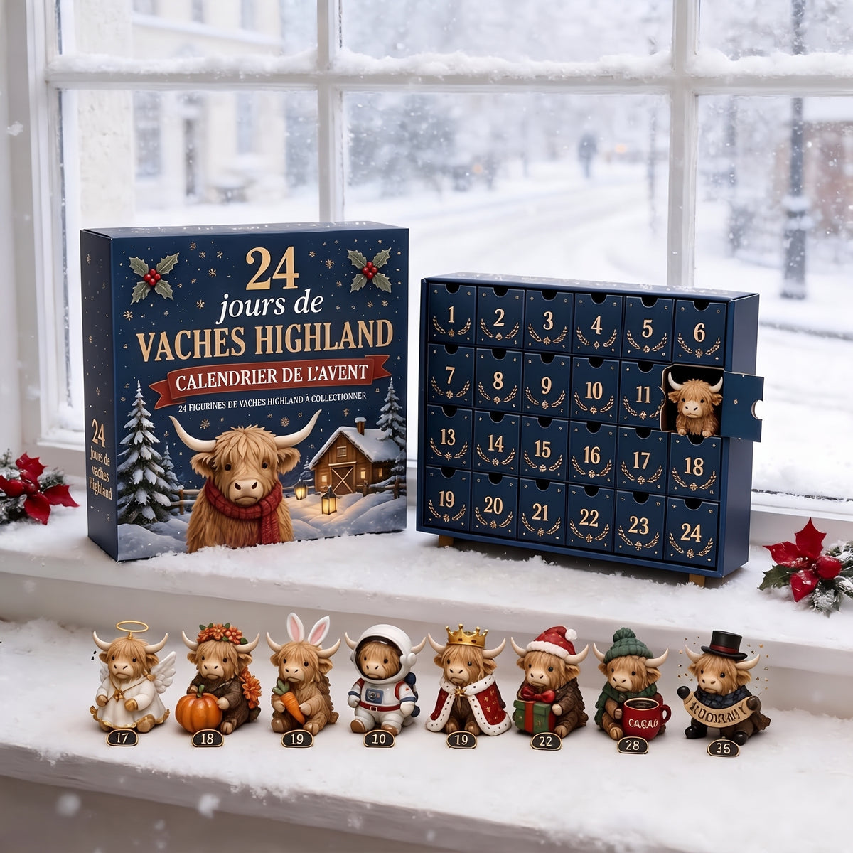 Calendrier de l'Avent vaches Highland, 24 figurines à collectionner