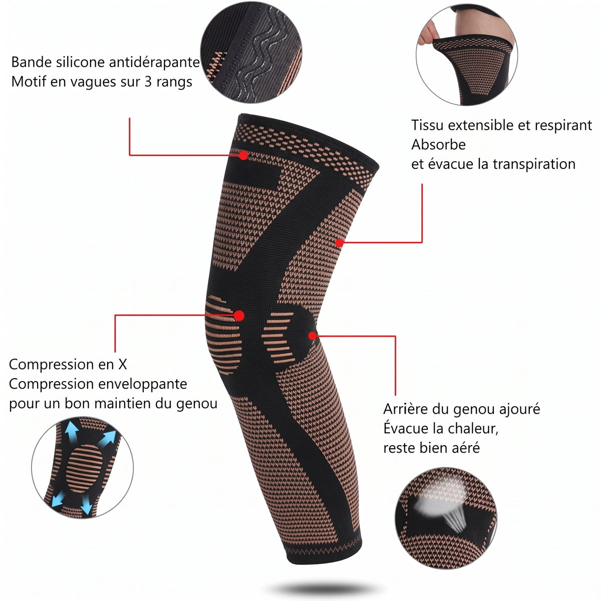 Manchon de compression long pour le genou, bandes antidérapantes