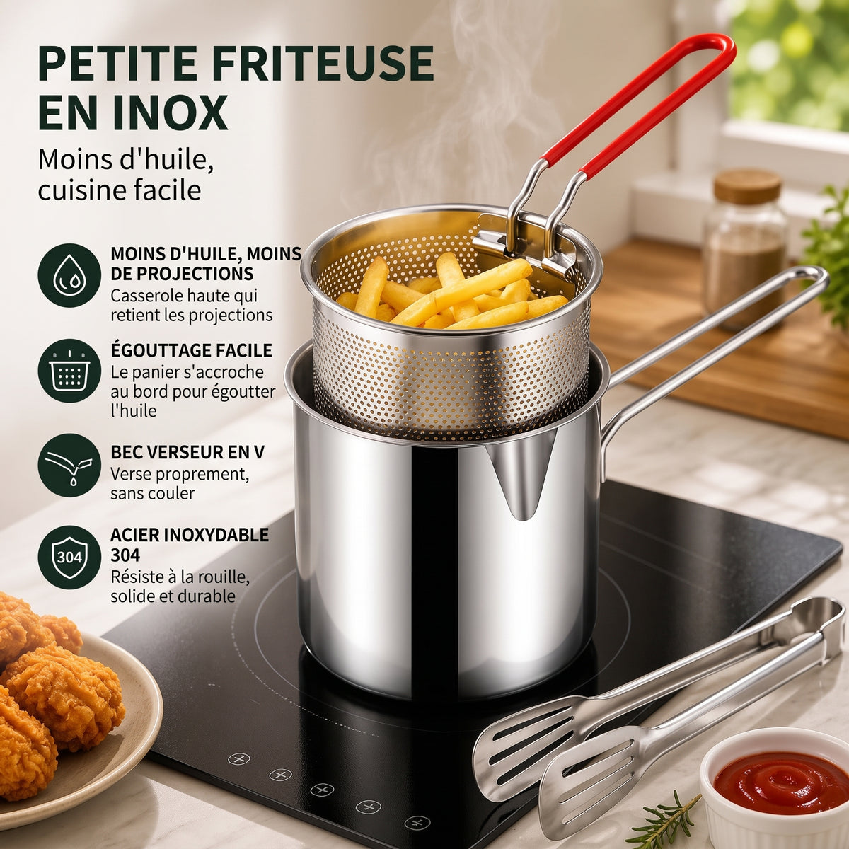 Petite friteuse en inox pour plaque de cuisson, avec panier égouttoir