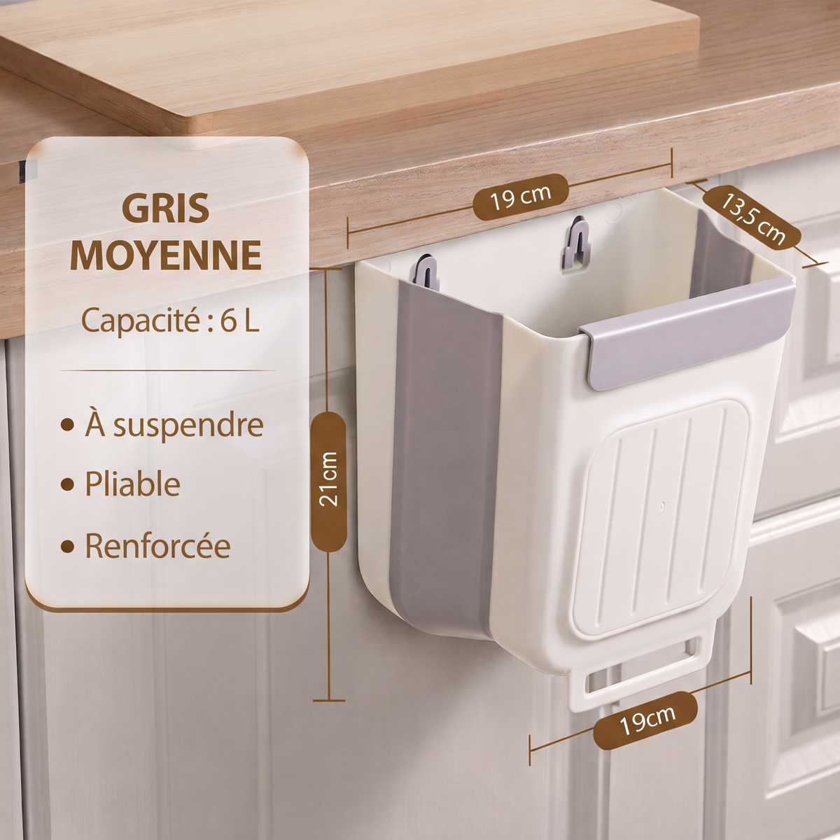 Poubelle pliable à suspendre pour porte de placard, 6 L ou 10 L