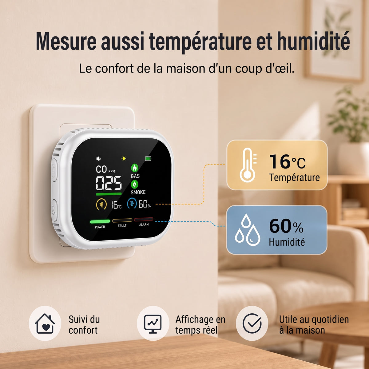 Détecteur CO, gaz, fumée, température et humidité, sur prise