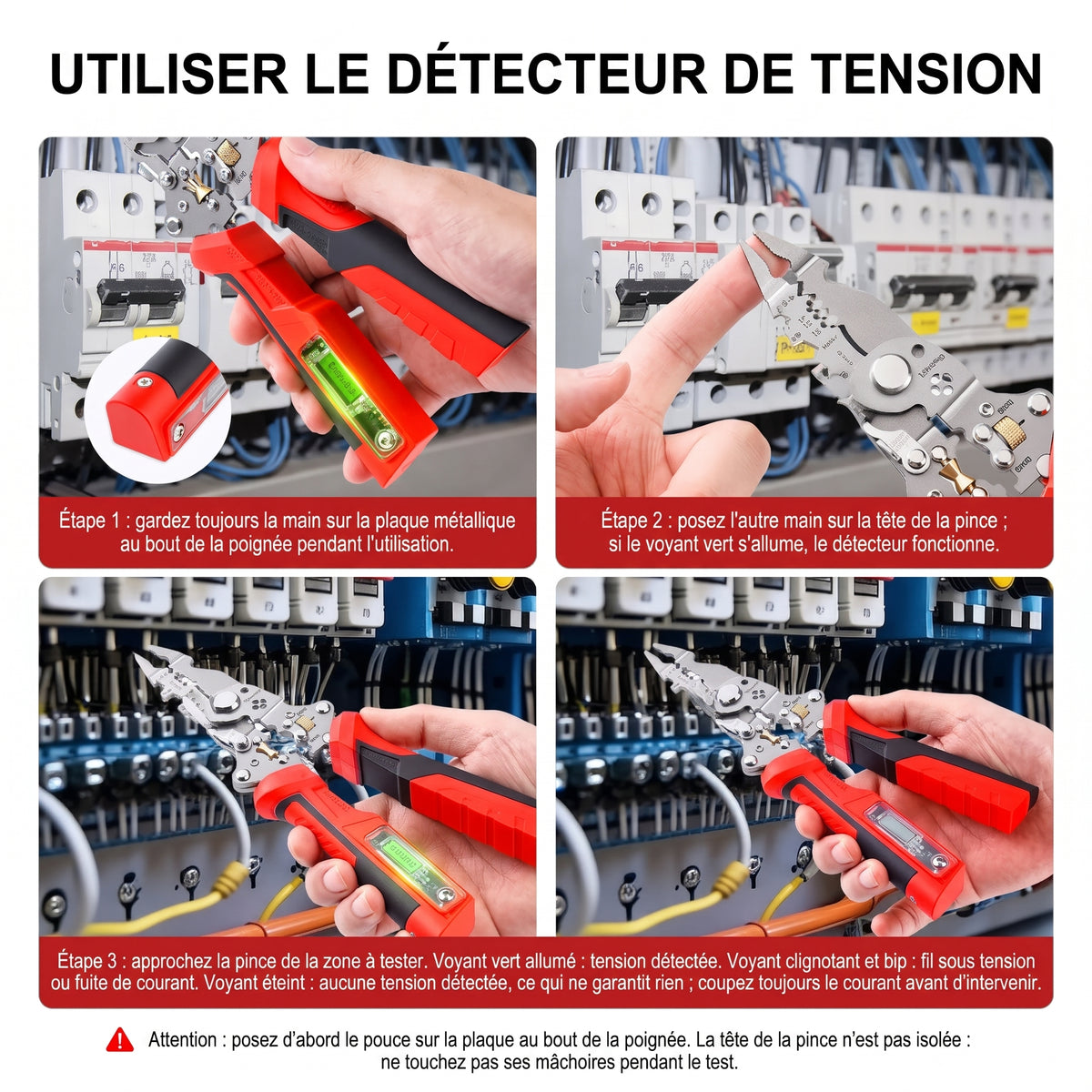 Pince à dénuder multifonction 16 en 1 avec détecteur de tension – Utiliser le détecteur de tension