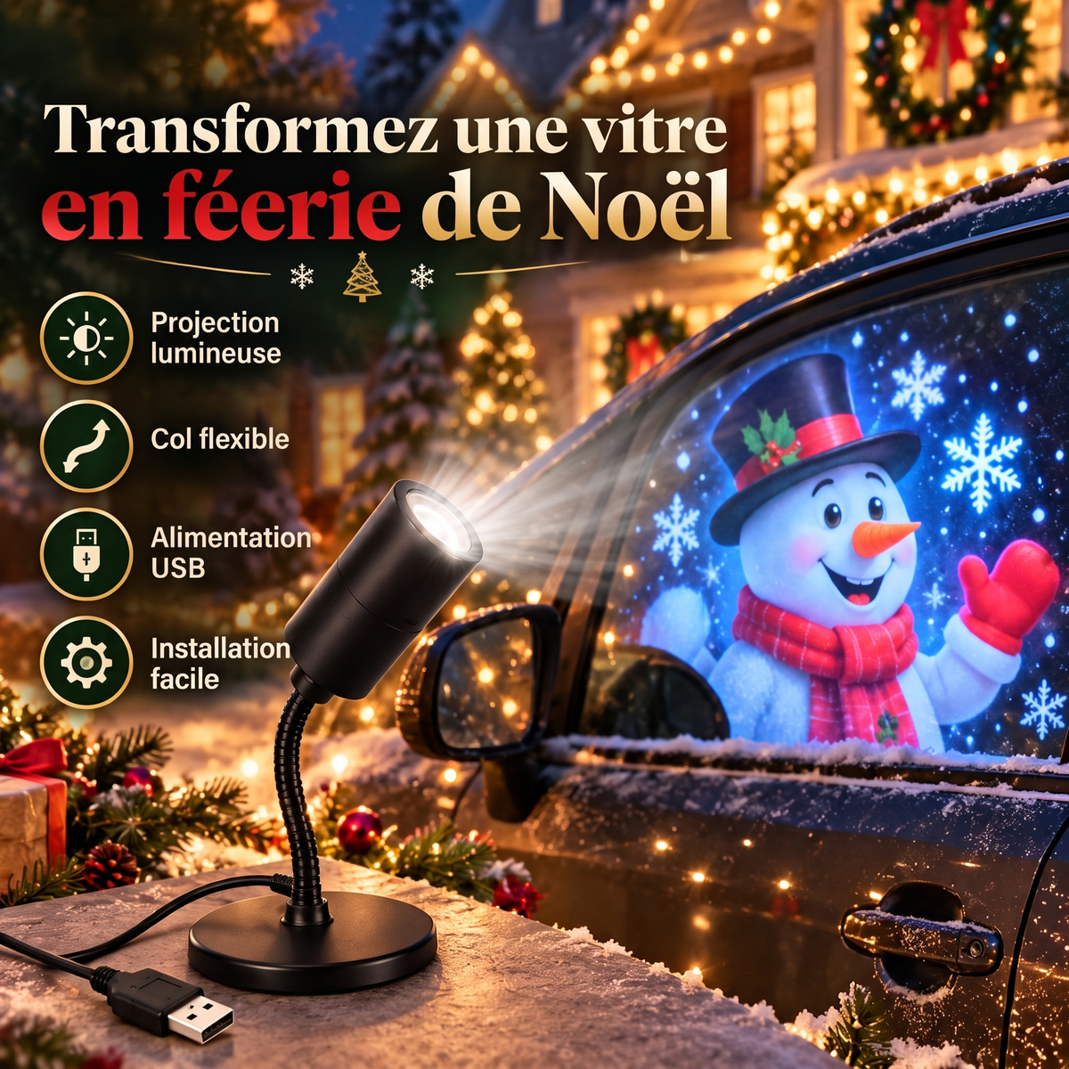 Projecteur de fenêtre de Noël USB, bonhomme de neige, col flexible