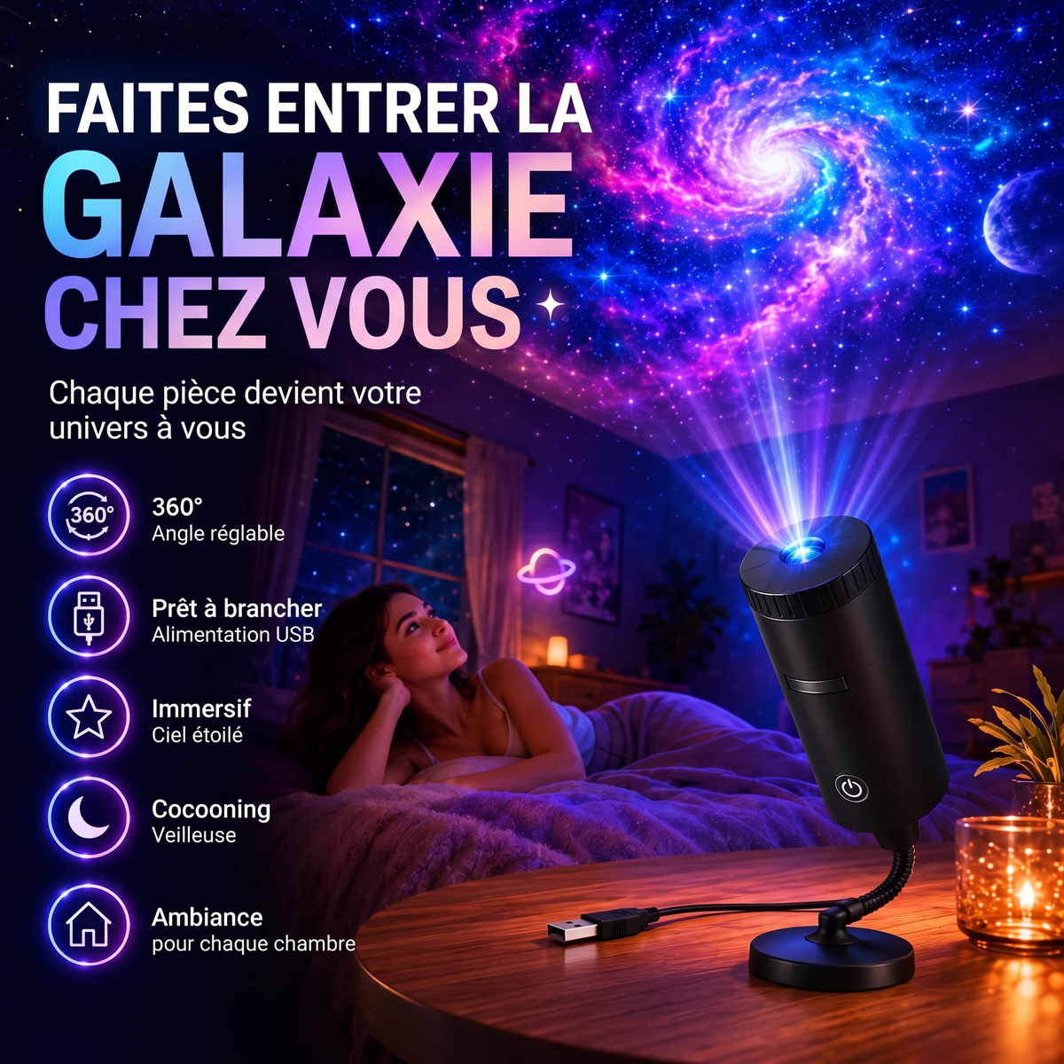 Projecteur LED rotatif USB à 360°, galaxie ou océan