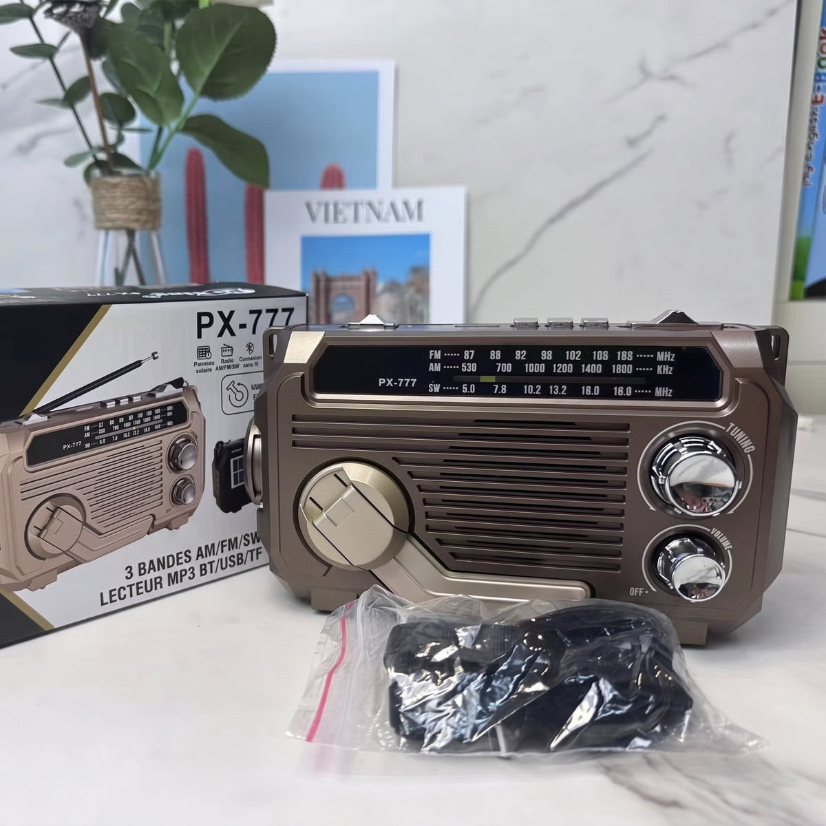 Radio solaire rétro AM/FM/SW à manivelle – 3 bandes am/fm/sw