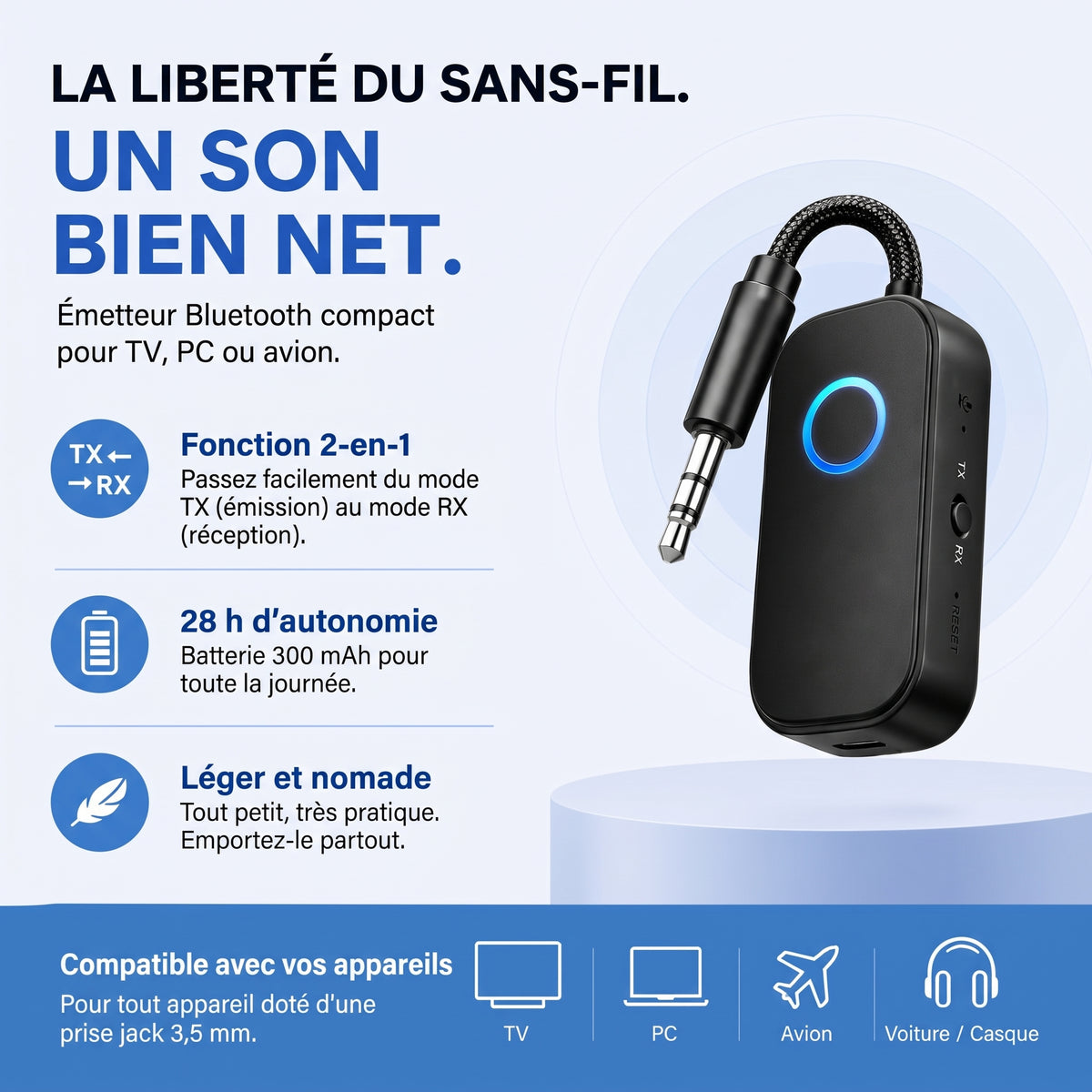 Émetteur-récepteur Bluetooth 5.4 2-en-1, prise jack 3,5 mm