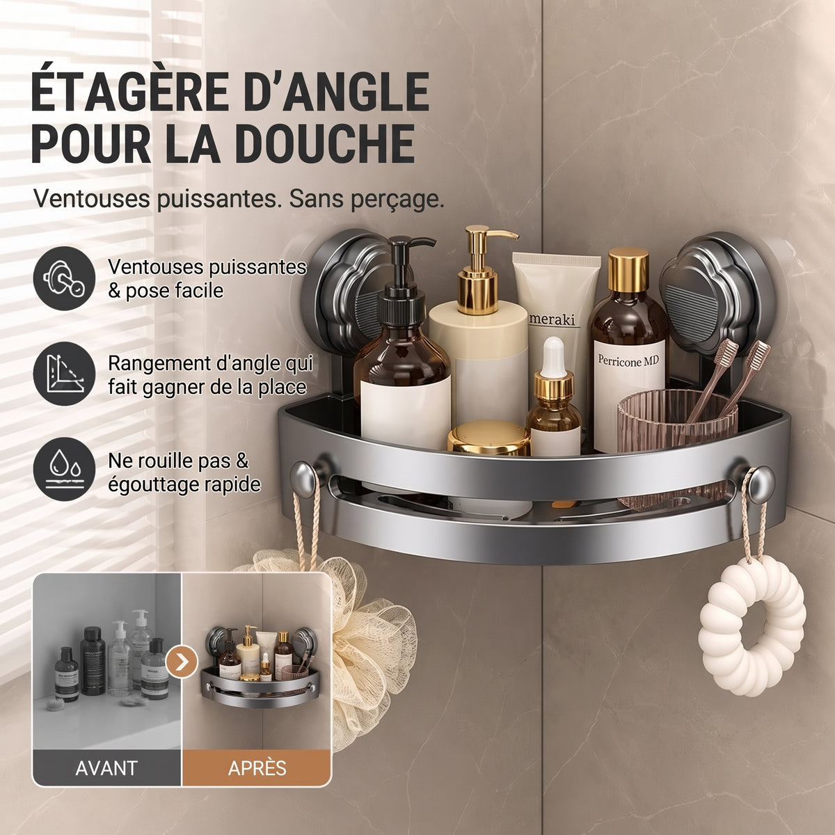 Étagère d'angle de douche à ventouses, sans perçage
