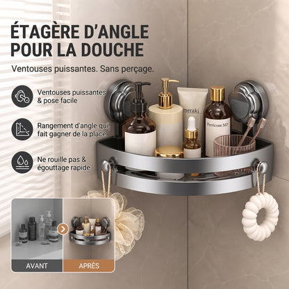 Étagère d'angle de douche à ventouses, sans perçage