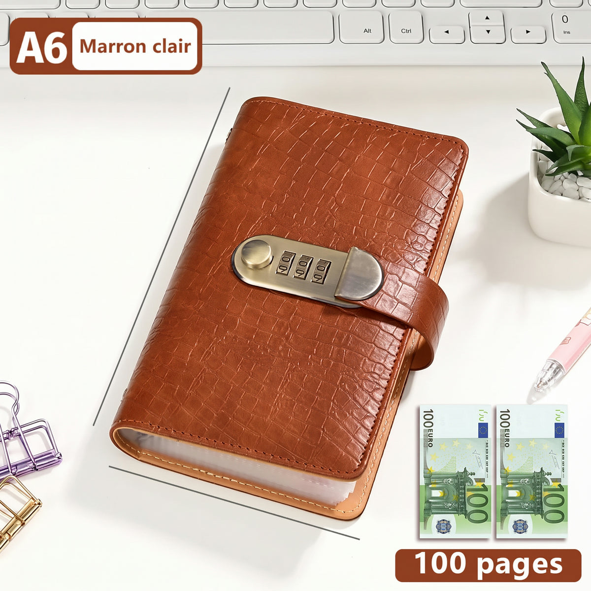 Carnet d'épargne A6 avec cadenas à code – Marron clair (13)