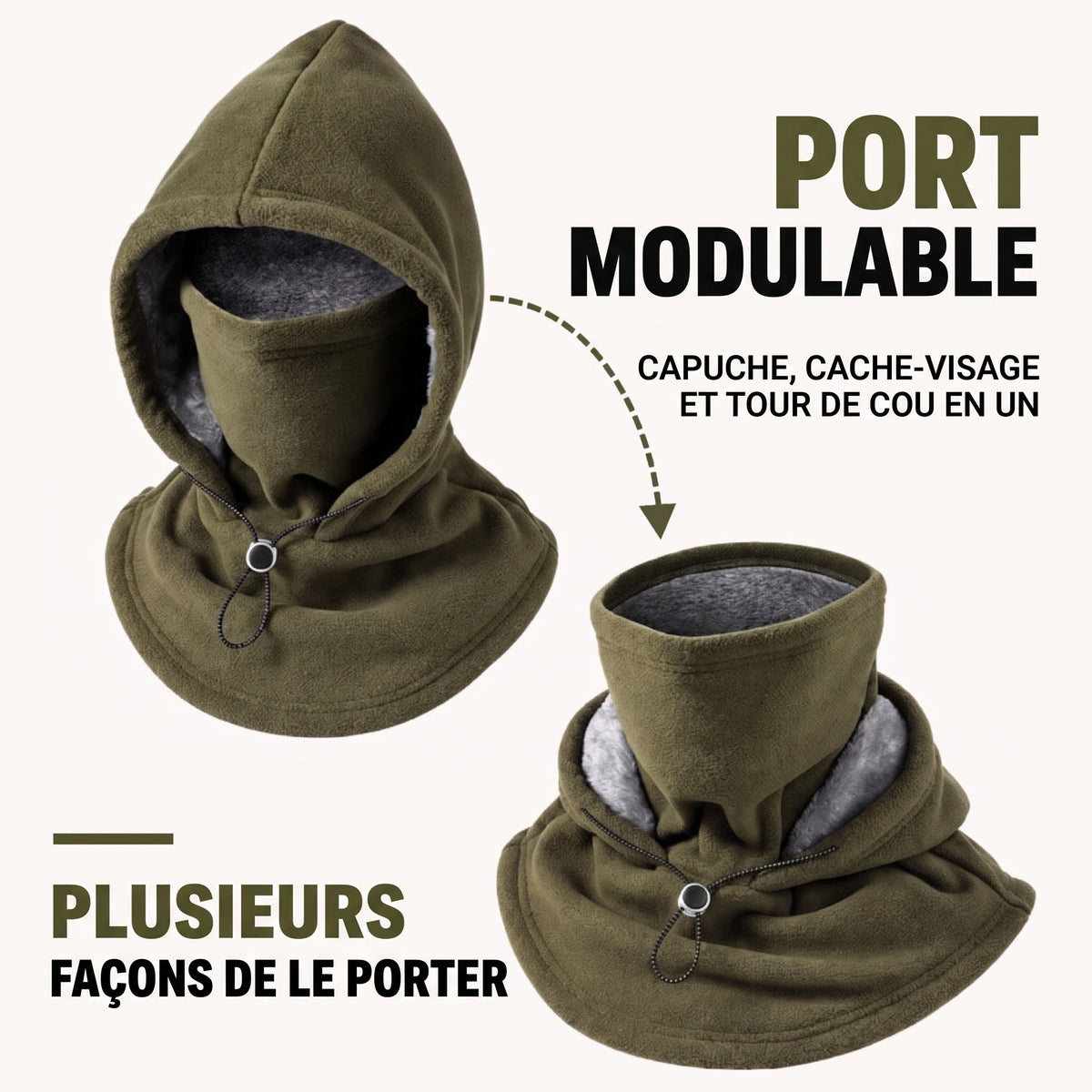 Cagoule polaire 3-en-1 doublée : tête, visage et cou