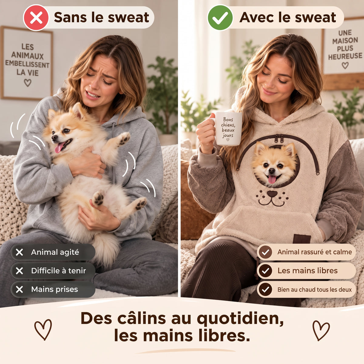 Sweat à capuche porte-animal, poche ventrale pour chat et petit chien