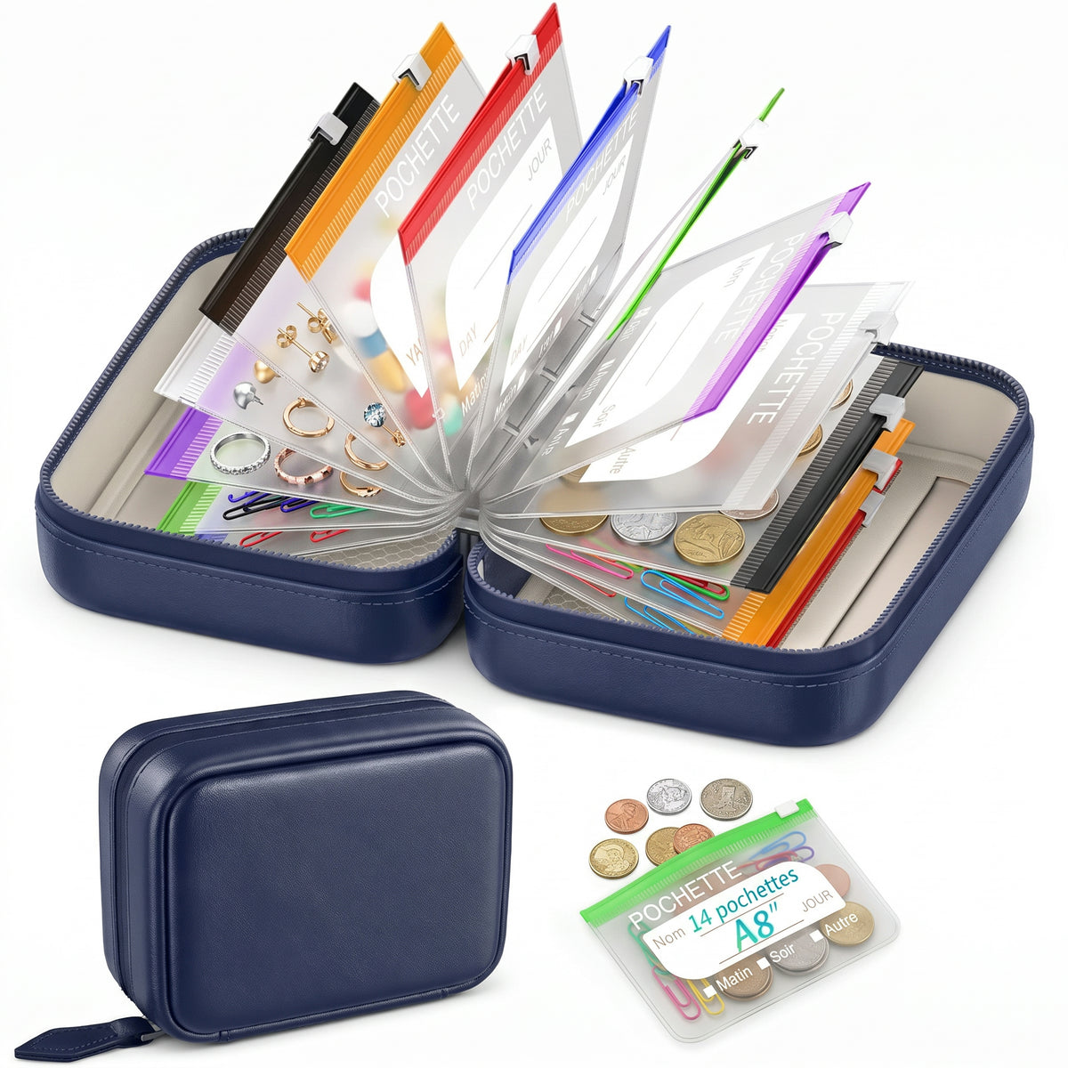 Organiseur semainier à pochettes zippées transparentes