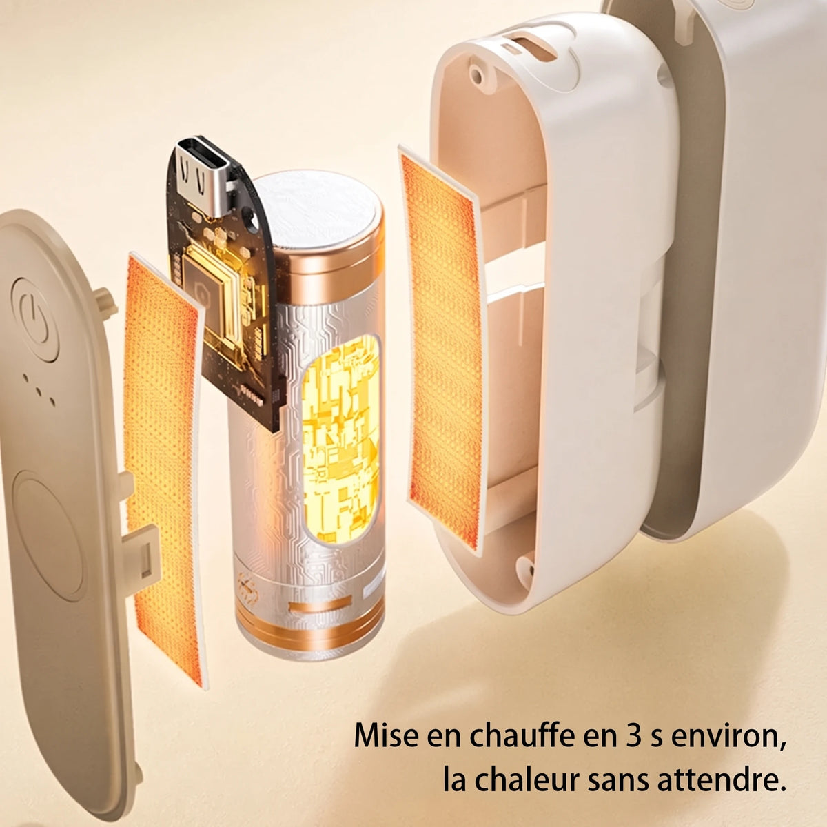 Chauffe-mains rechargeable USB-C – Mise en chauffe en 3 s environ,