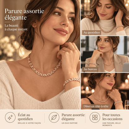 Parure collier et bracelet à feuilles torsadées et strass