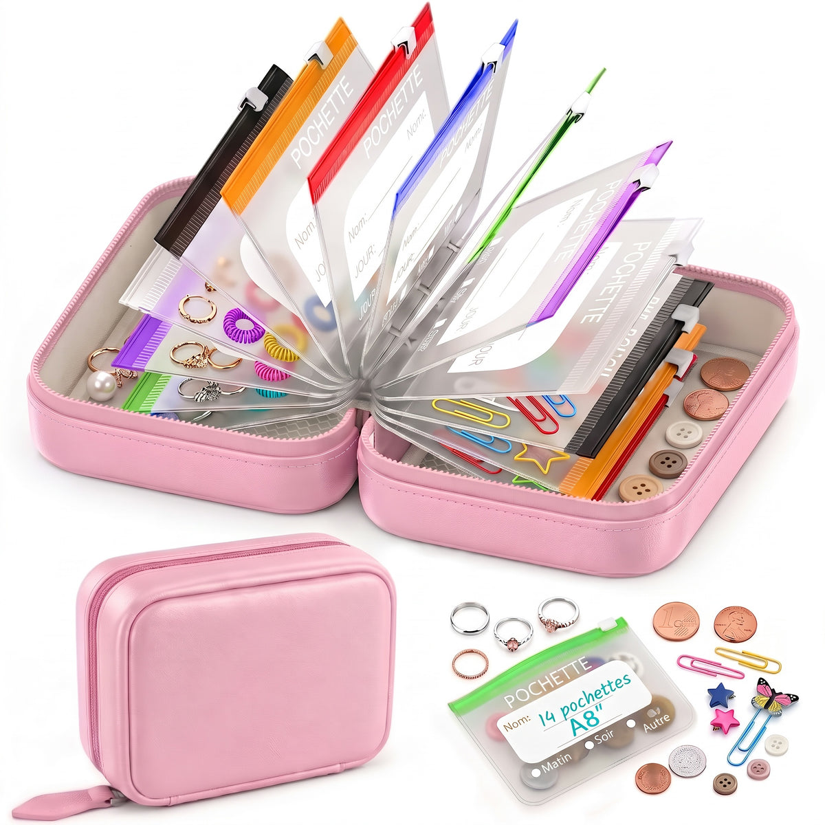Organiseur semainier à pochettes zippées transparentes