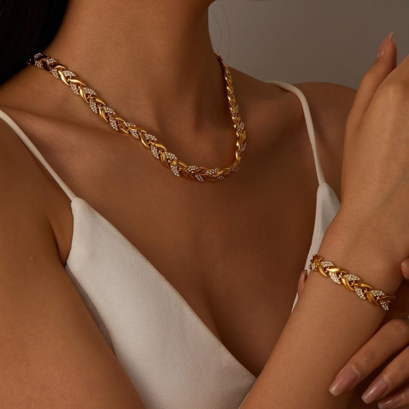 Parure collier et bracelet à feuilles torsadées et strass