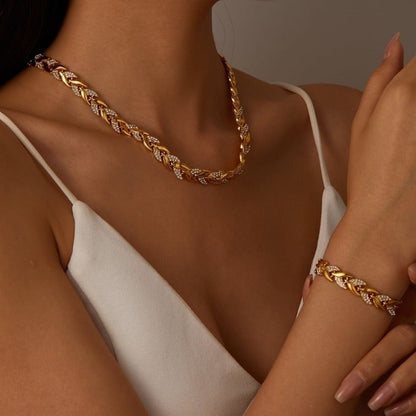 Parure collier et bracelet à feuilles torsadées et strass