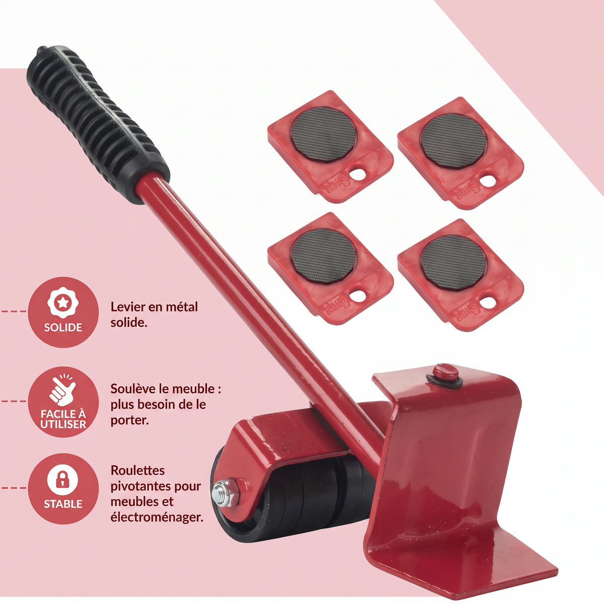Kit de déménagement lève-meuble et 4 roulettes pivotantes à 360° – Levier en métal solide