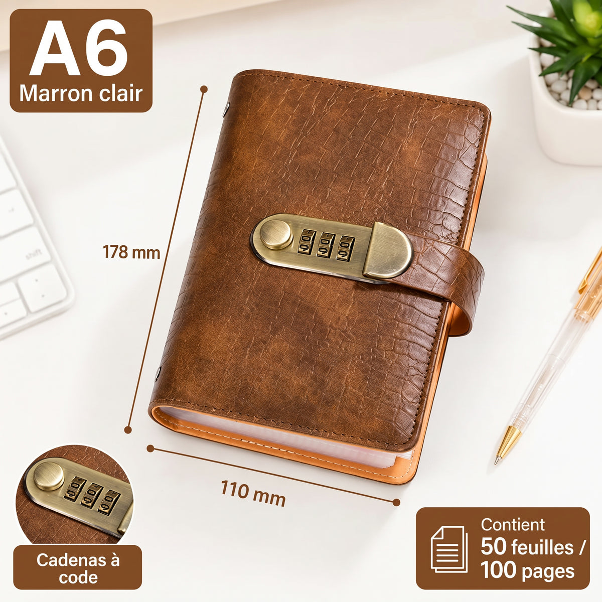 Carnet d'épargne A6 avec cadenas à code – Marron clair