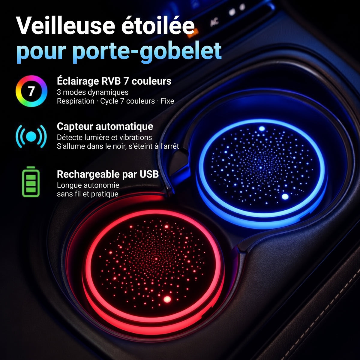 Dessous de verre LED pour voiture, 7 couleurs, lot de 2