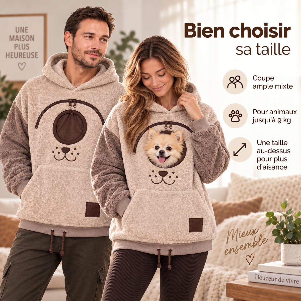 Sweat à capuche porte-animal, poche ventrale pour chat et petit chien