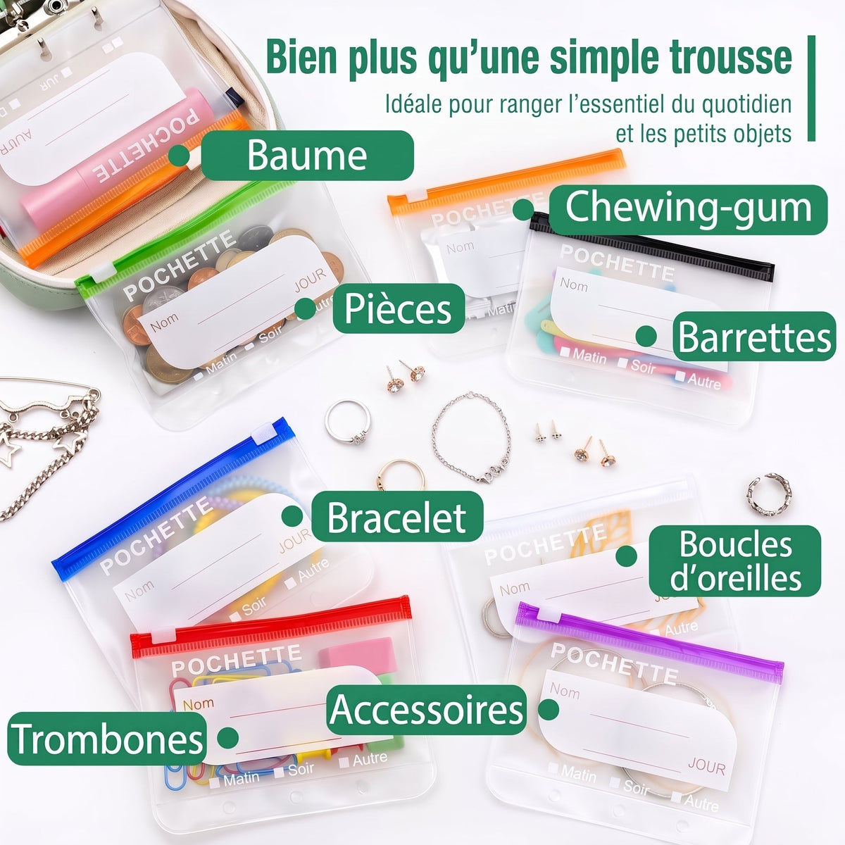 Organiseur semainier à pochettes zippées transparentes