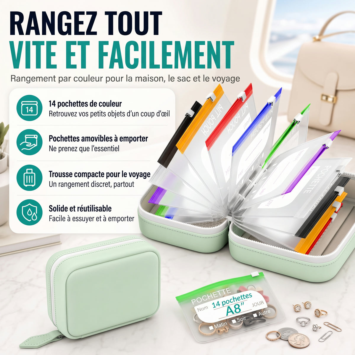Organiseur semainier à pochettes zippées transparentes