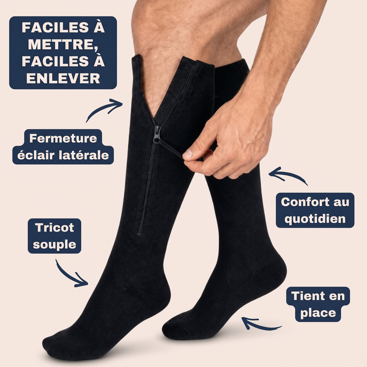 Chaussettes de compression à fermeture éclair, enfilage facile