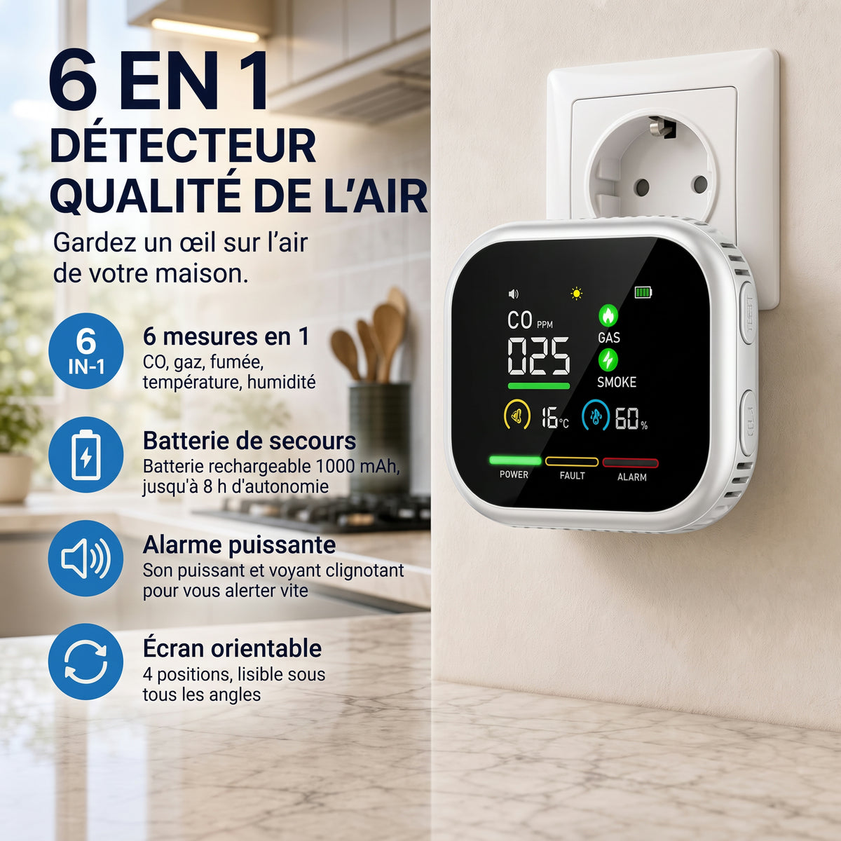 Détecteur CO, gaz, fumée, température et humidité, sur prise