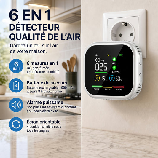Détecteur CO, gaz, fumée, température et humidité, sur prise