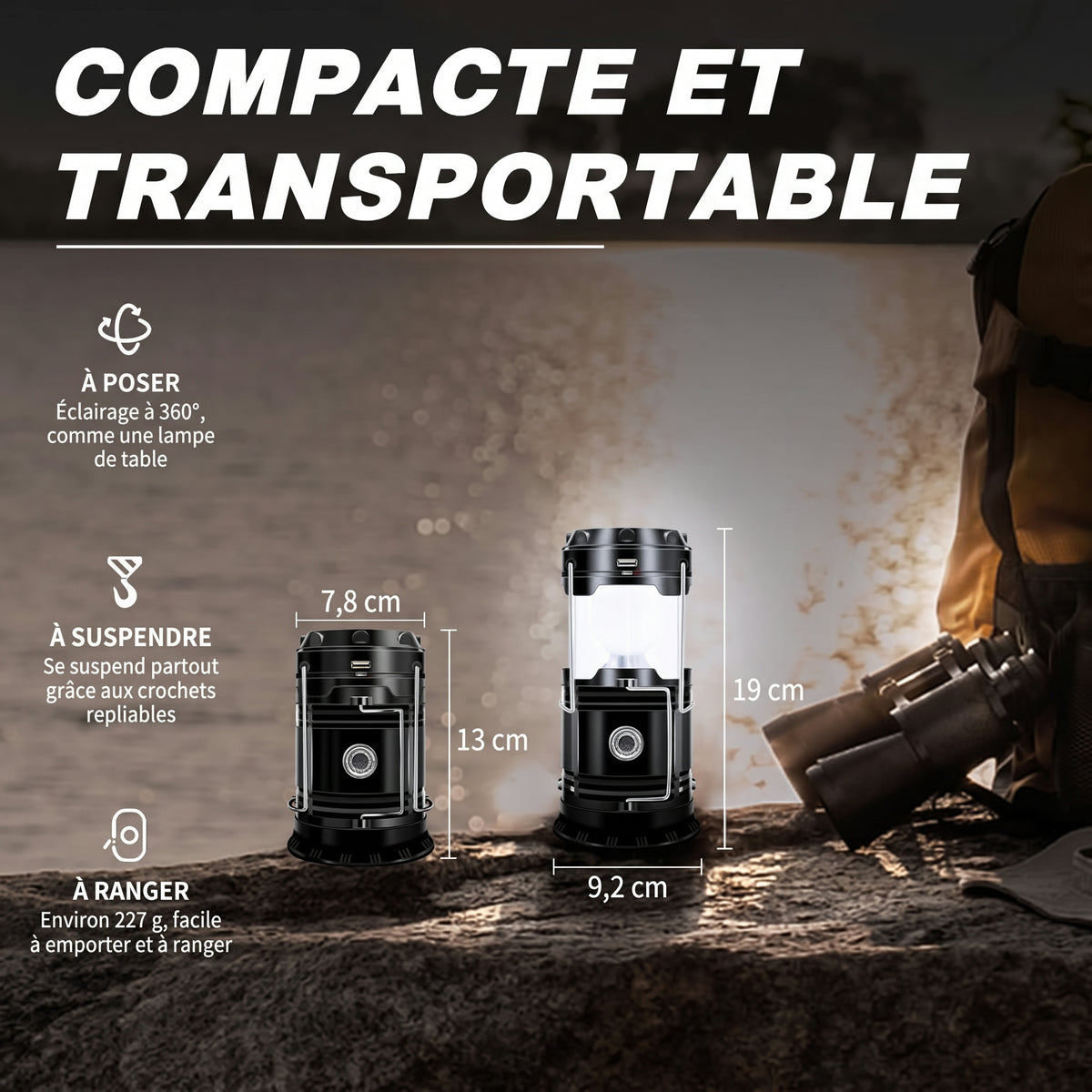 Lanterne de camping solaire et USB – Compacte et transportable