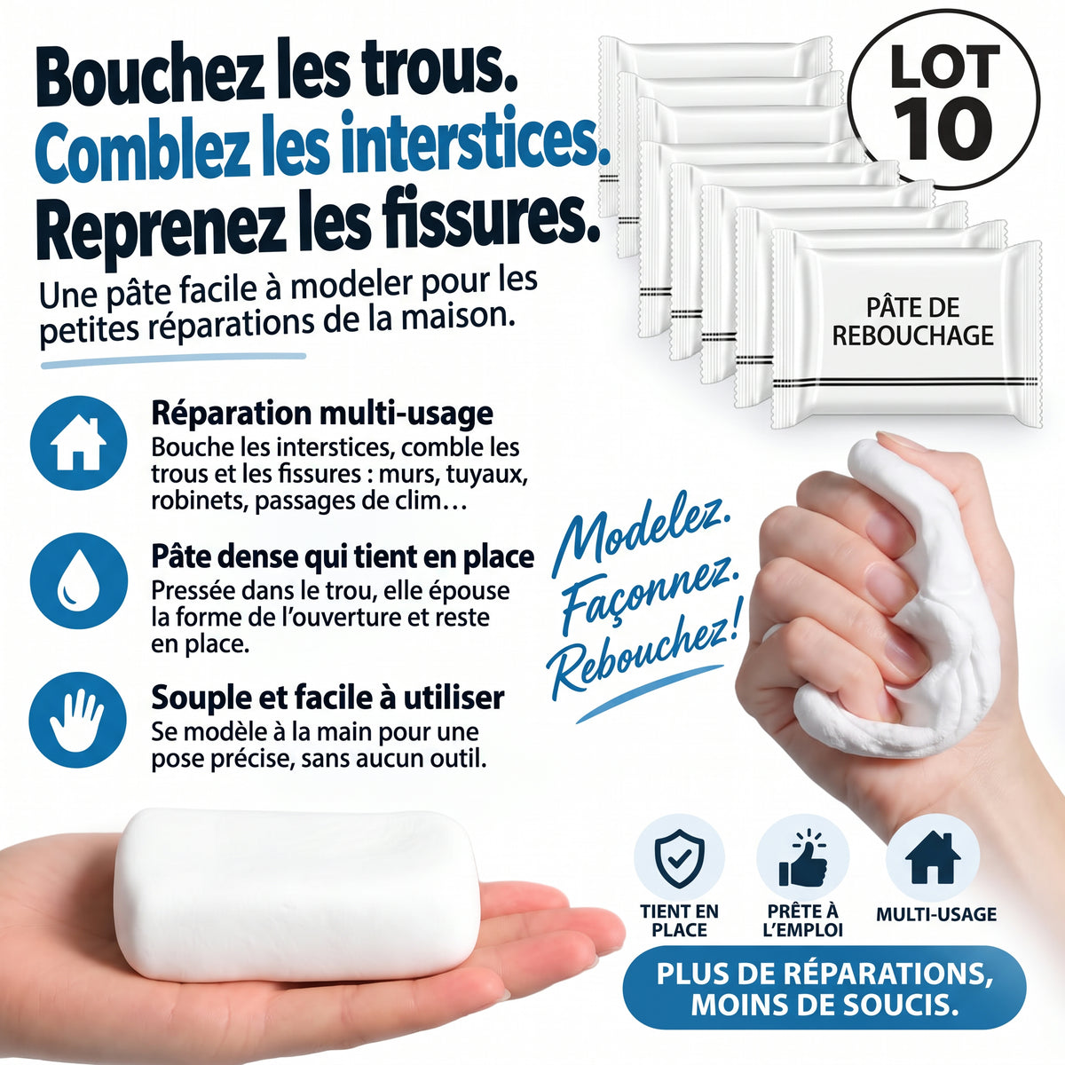Pâte de rebouchage à modeler pour trous de mur et tuyaux