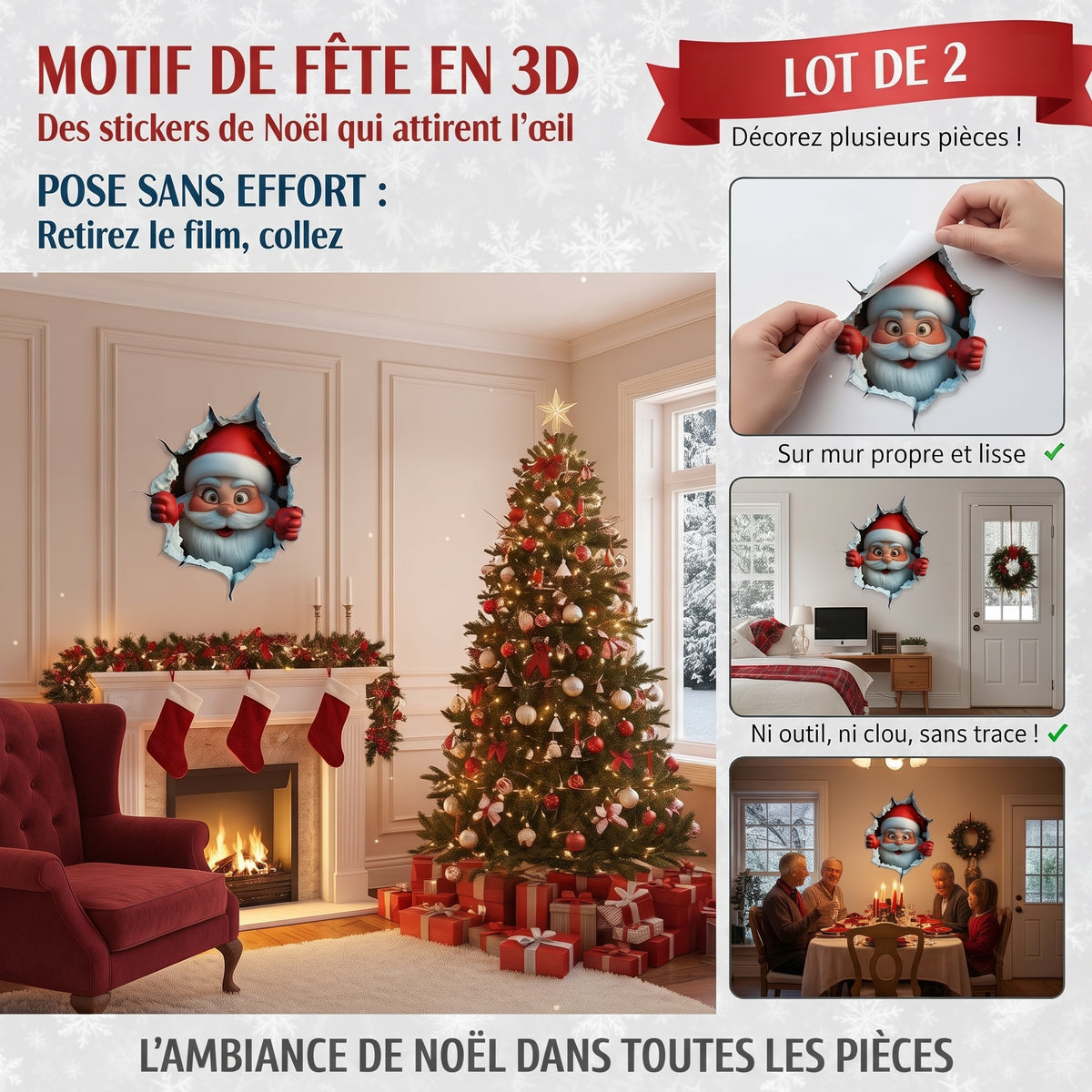 Stickers muraux de Noël effet 3D, lot de 2, pose sans trace