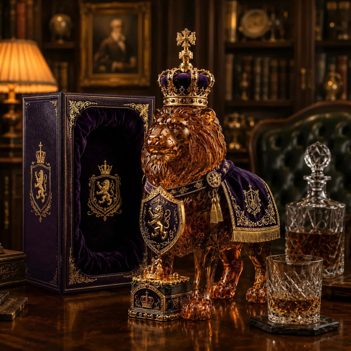Carafe à whisky en verre, lion et couronne