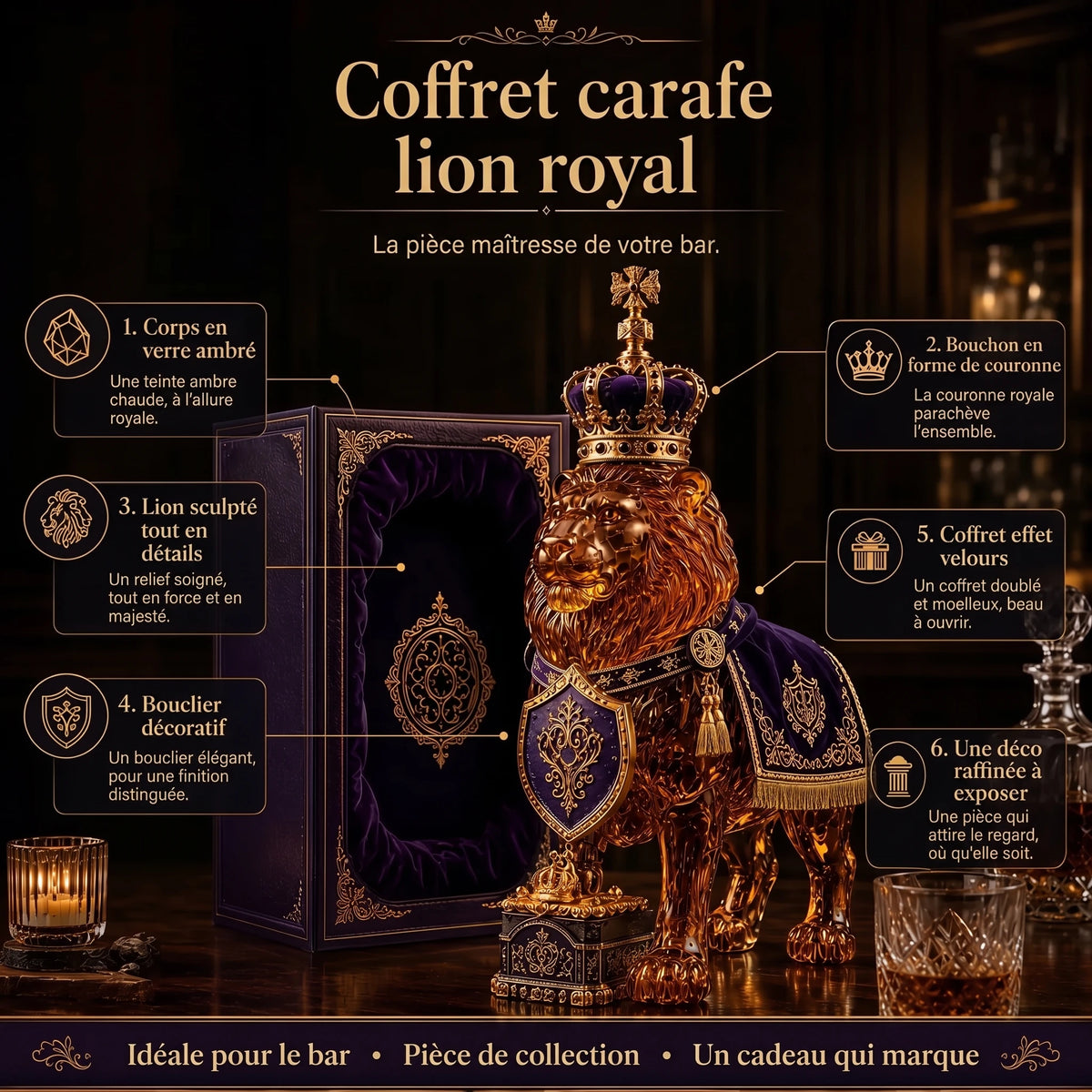 Carafe à whisky en verre, lion et couronne
