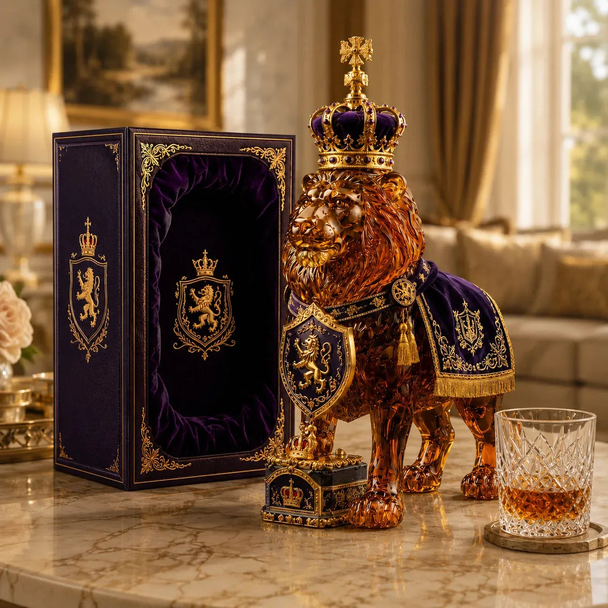 Carafe à whisky en verre, lion et couronne