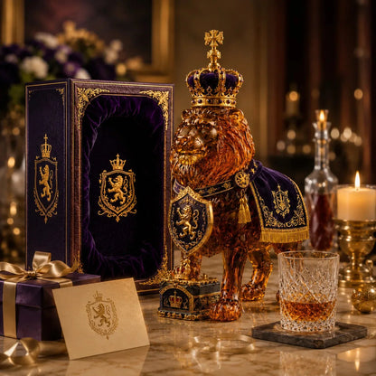 Carafe à whisky en verre, lion et couronne